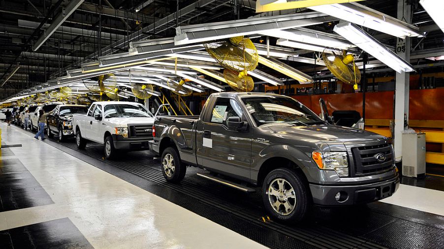 Ford pickup trucks on the factory assembly line