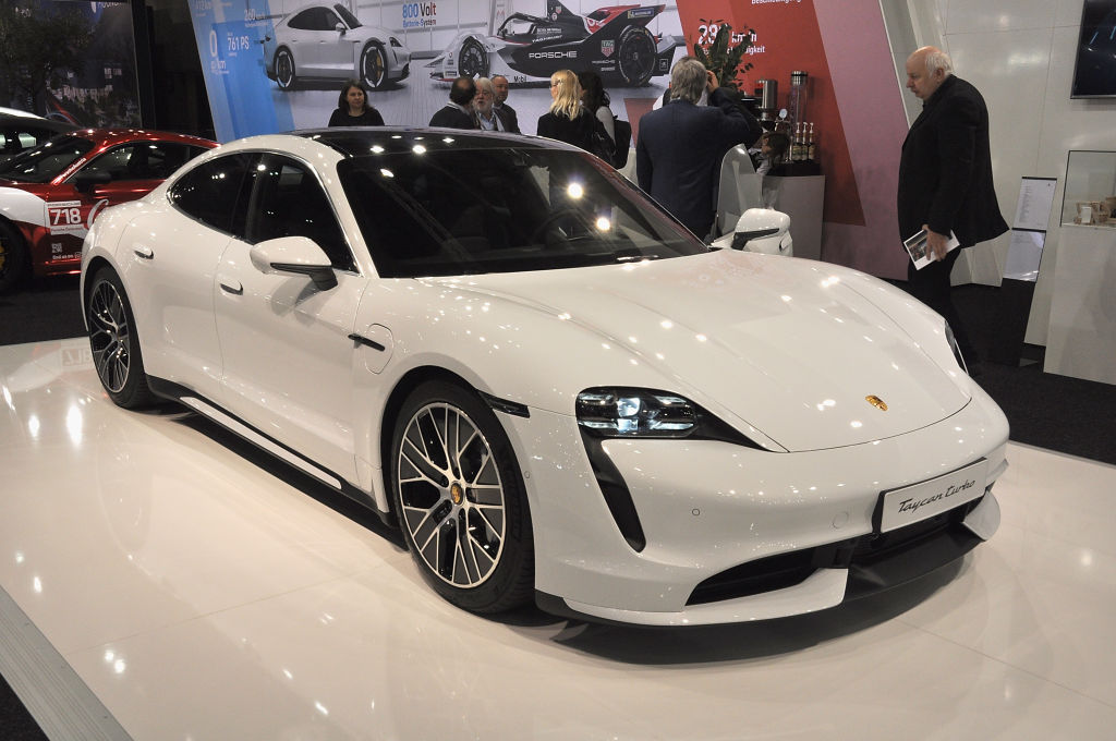 A Porsche Taycan turbo is seen during the Vienna Car Show press preview at Messe Wien, as part of Vienna Holiday Fair, on January 15, 2020