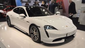 A Porsche Taycan turbo is seen during the Vienna Car Show press preview at Messe Wien, as part of Vienna Holiday Fair, on January 15, 2020