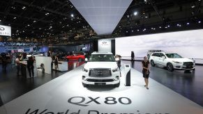 Infiniti QX80 is seen during Dubai Motor Show at Dubai World Trade Centre on November 15, 2017