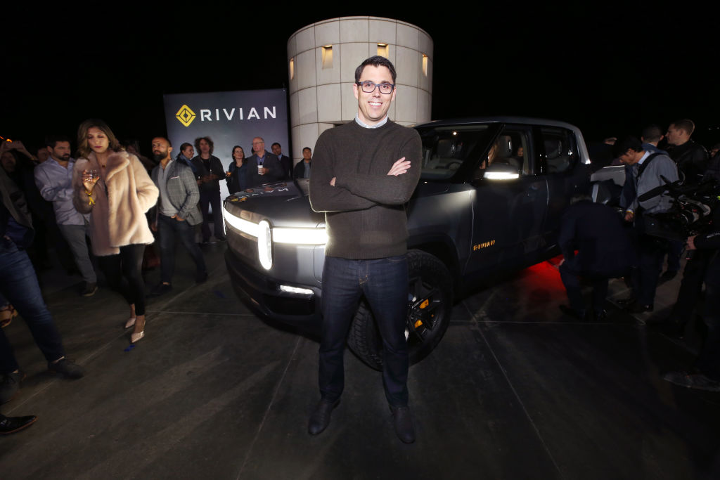 Rivian CEO R.J. Scaringe talking at an event