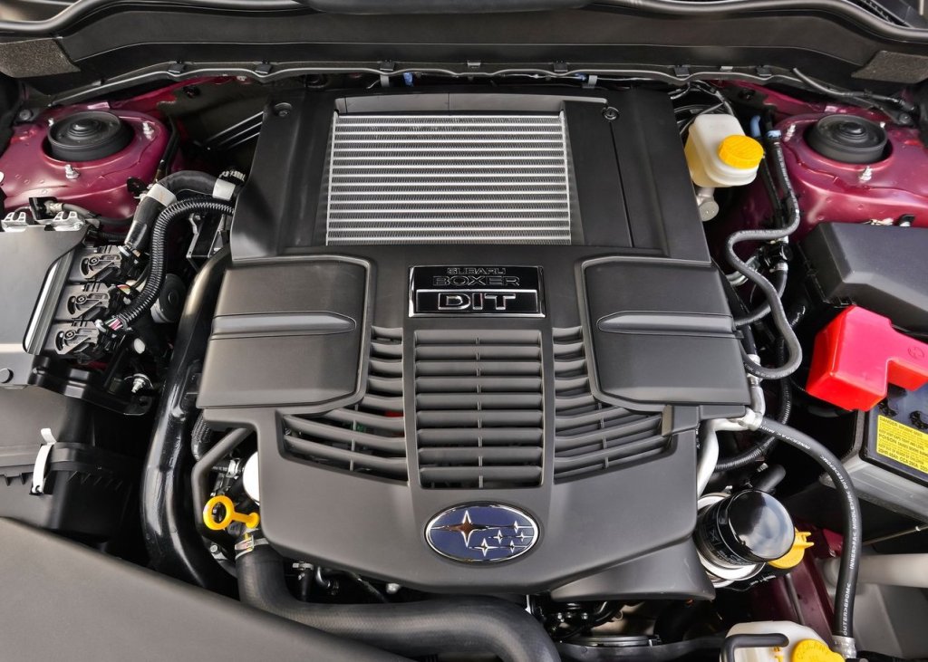 The engine of a Subaru Forester