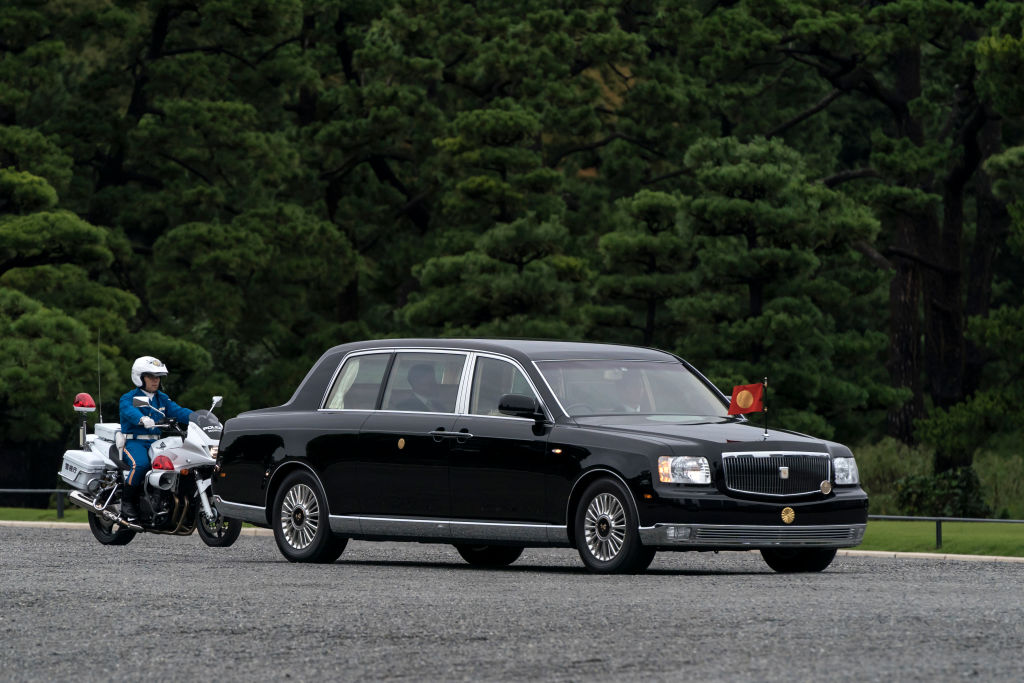 A Toyota Motor Corp. Century Royal carrying Japan's Emperor Naruhito leaves the Imperial Palace on October 22, 2019