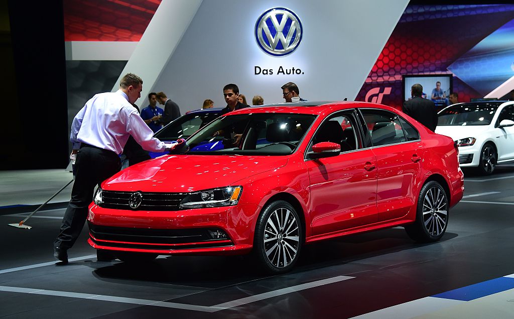 Volkswagen's 2015 Jetta TDI is cleaned while on display at the LA Auto Show's press and trade day in Los Angeles, California