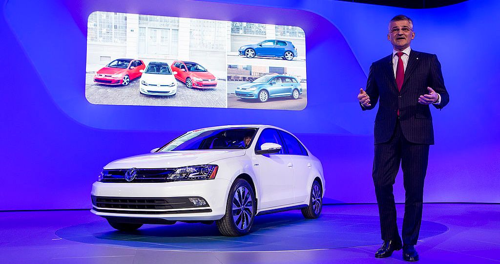 A Volkswagen Jetta on display during a company event