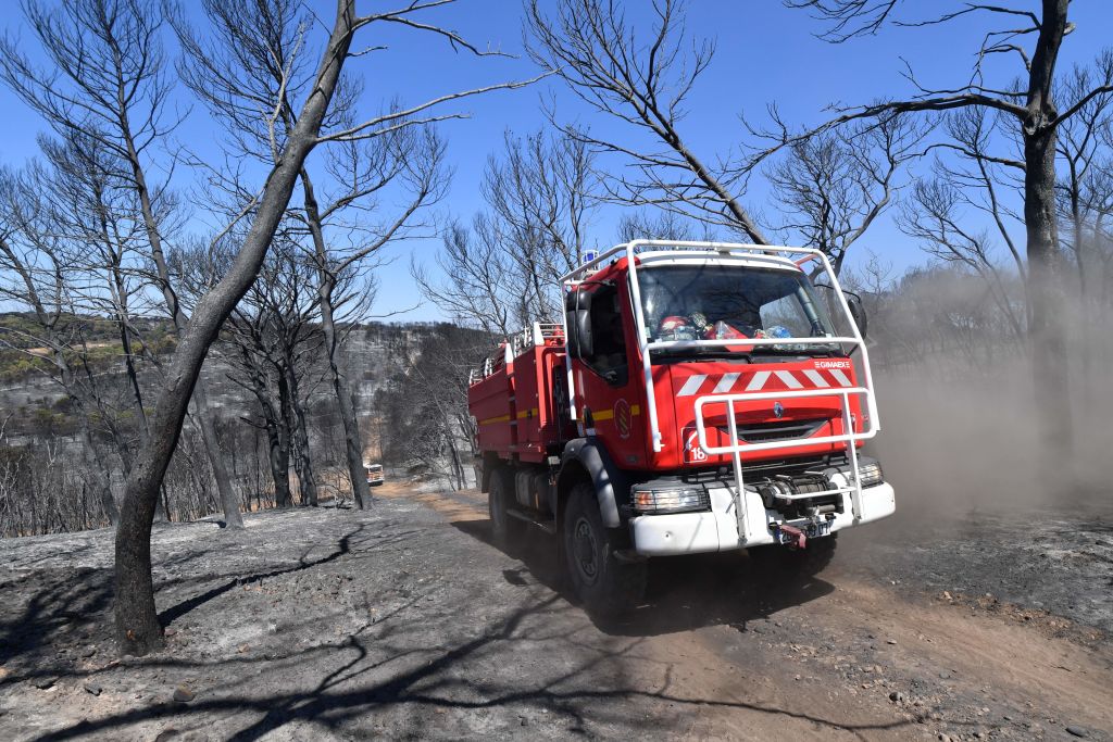 A fire truck drives through a burnt forest