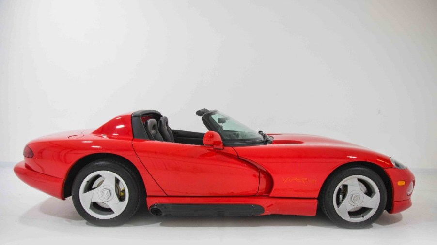 The profile of a red 1993 Dodge Viper RT/10.