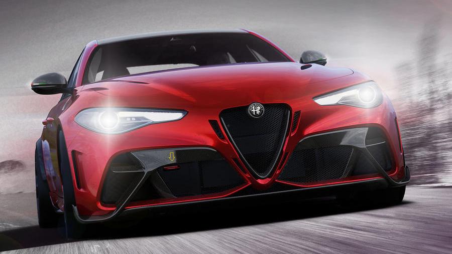 the black accented red grille of an Alfa Romeo Giulia