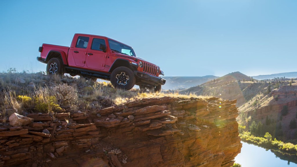 Red 2020 Jeep Gladiator perched overlooking a canyon