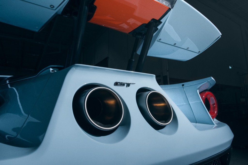 A close-up of the exhaust tips on a 2020 Ford GT.