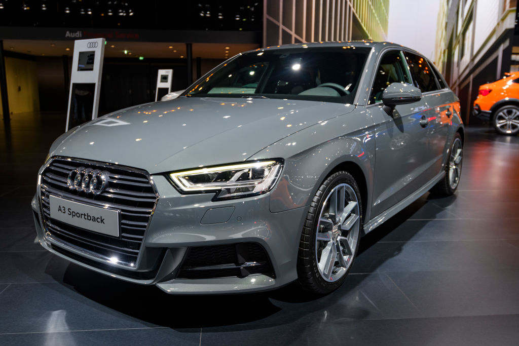 An Audi A3 Sportback on display at an auto show