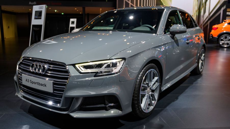 An Audi A3 Sportback on display at an auto show
