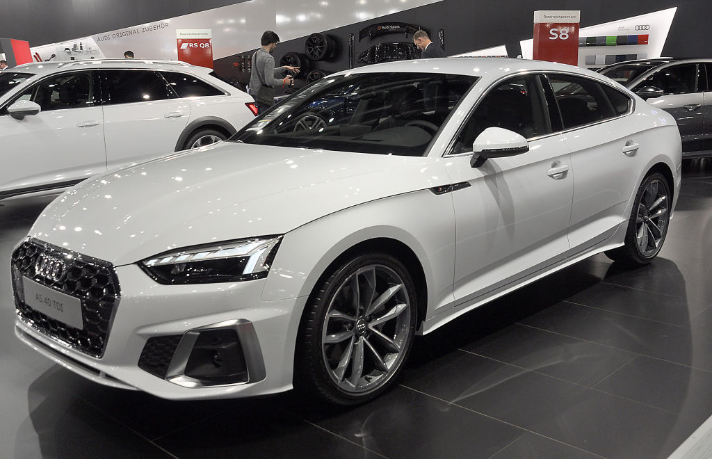 An Audi A5 40 TDI is seen during the Vienna Car Show press preview at Messe Wien