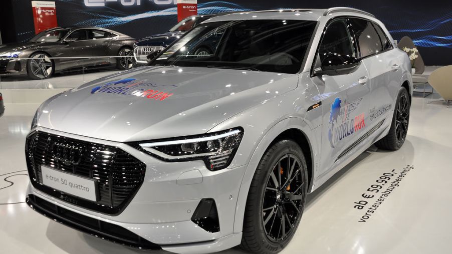An Audi e-tron 50 Quattro is seen during the Vienna Car Show press preview at Messe Wien