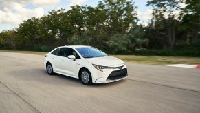 a white 2020 Toyota Corolla at speed on a scenic road