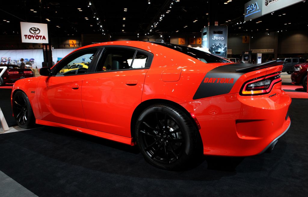 A new Dodge Charger Daytona on display at an auto show