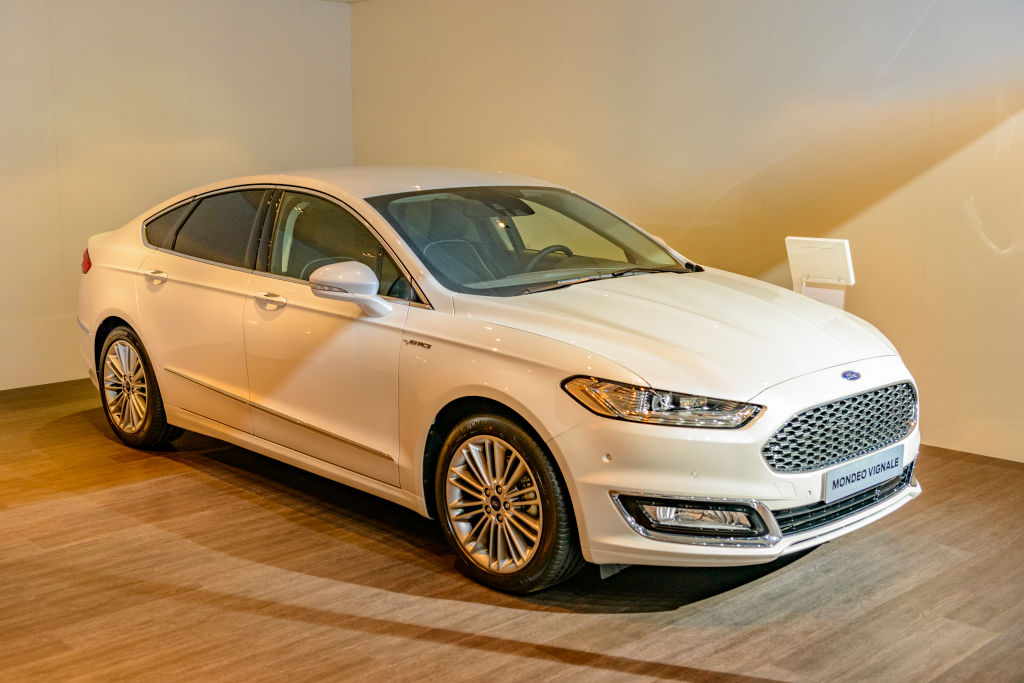 Ford Mondeo familiy car of the fith generation front view on display at Brussels Expo on January 13, 2017 in Brussels, Belgium. The Ford mondeo or Ford Contour or Mercury Mystique or Ford Fusion is available as fastback and estate car