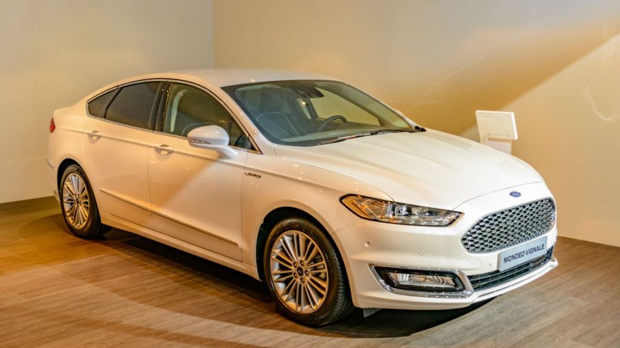 Ford Mondeo familiy car of the fith generation front view on display at Brussels Expo on January 13, 2017 in Brussels, Belgium. The Ford mondeo or Ford Contour or Mercury Mystique or Ford Fusion is available as fastback and estate car