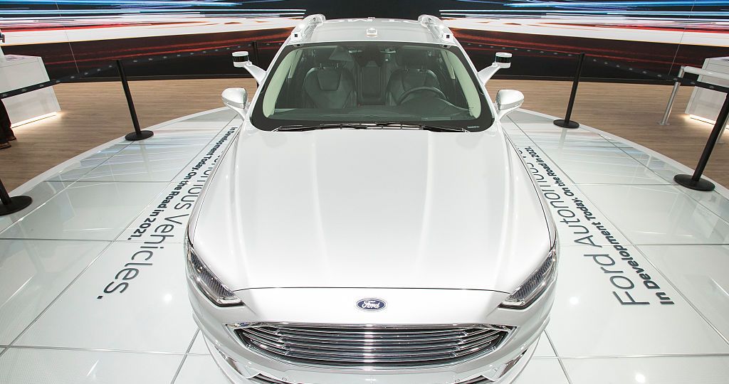 The Ford Fusion Autonomous car is displayed at the 2017 North American International Auto Show