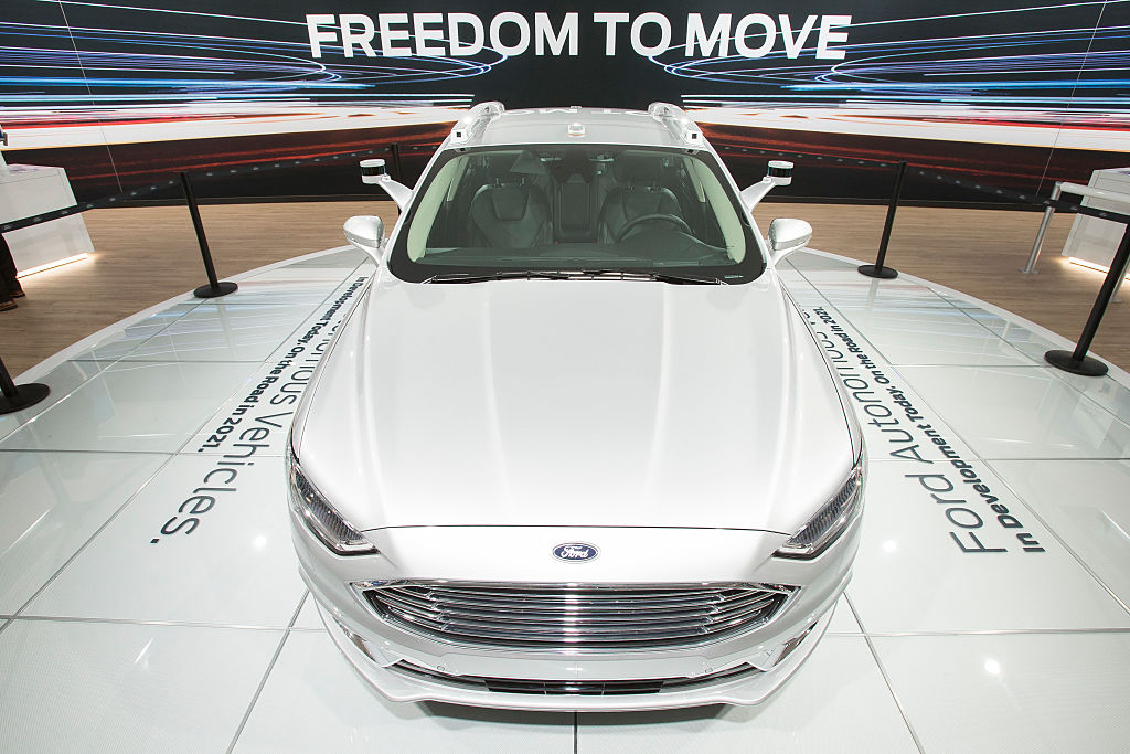 The Ford Fusion Autonomous car is displayed at the 2017 North American International Auto Show