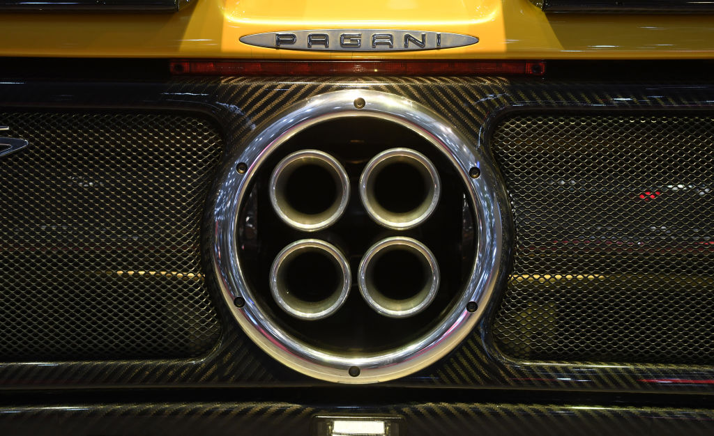 A close-up of the exhaust tips on a 2007 Pagani Zonda F Roadster.