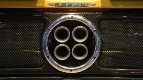 A close-up of the exhaust tips on a 2007 Pagani Zonda F Roadster.