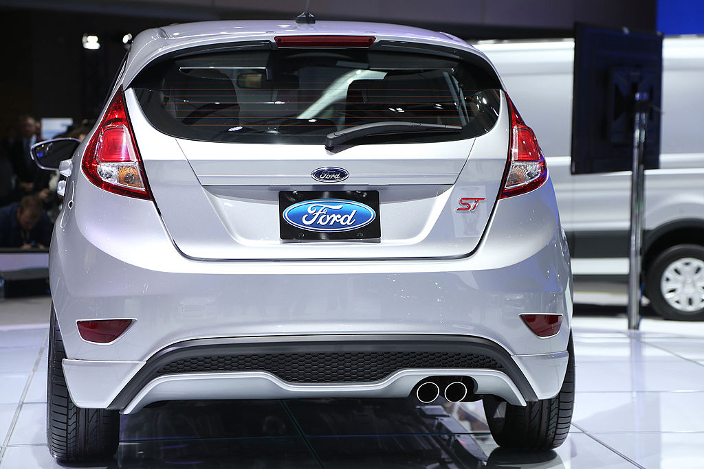 A silver Ford Fiesta ST displayed at an auto show.
