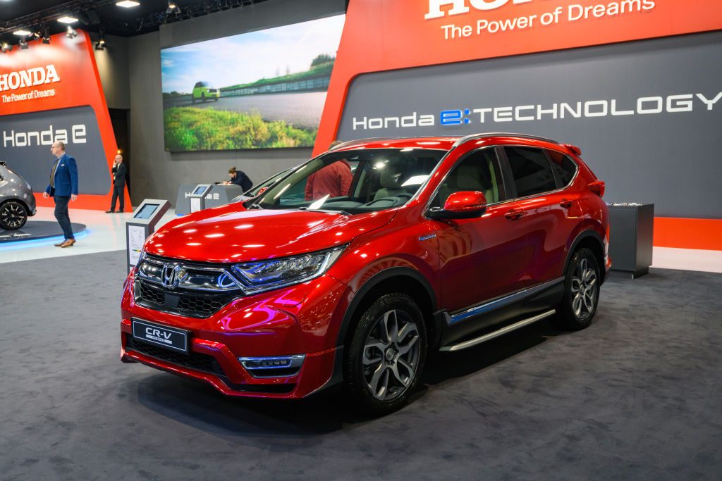 Honda CR-V compact crossover SUV on display at Brussels Expo, IIHS bestowed the honor of top safety pick on this model