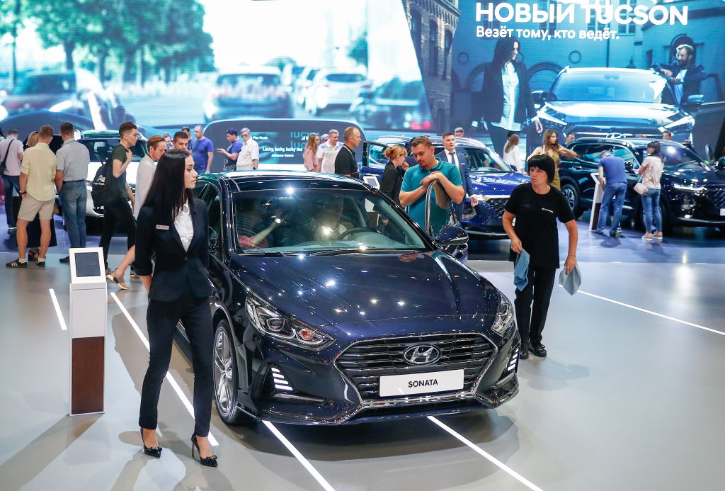 A Hyundai Sonata on display at an auto show