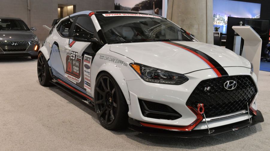 The Hyundai Veloster N is seen at the 2019 New England International Auto Show Press Preview at Boston Convention & Exhibition Center