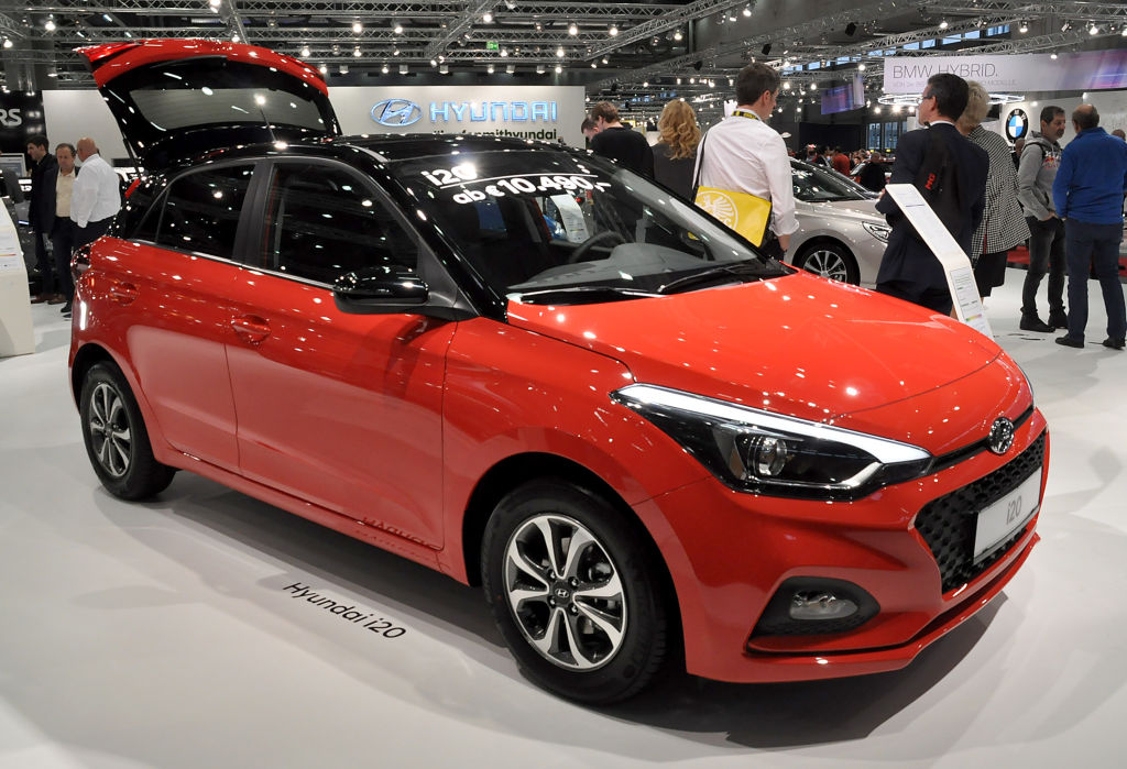 A Hyundai i20 is seen during the Vienna Car Show press preview at Messe Wien, as part of Vienna Holiday Fair