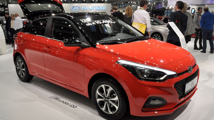 A Hyundai i20 is seen during the Vienna Car Show press preview at Messe Wien, as part of Vienna Holiday Fair