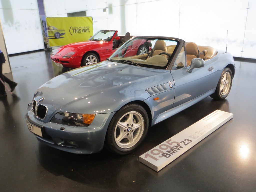 A pewter blue 1995 BMW Z3 roadster displayed at the BMW Museum in Munich, Germany.