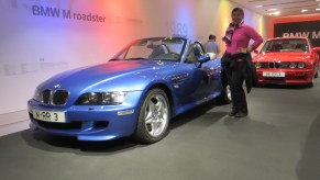 A blue 1997 BMW M Roadster is displayed at the BMW Museum in Munich, Germany.
