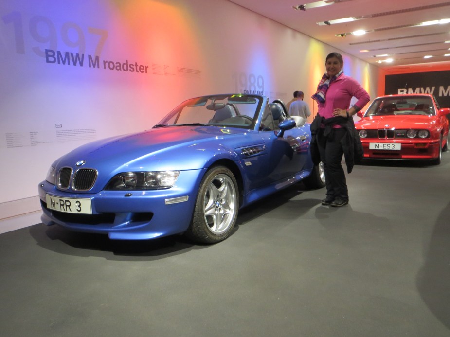 A blue 1997 BMW M Roadster is displayed at the BMW Museum in Munich, Germany.