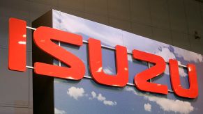 The Isuzu company logo seen on a building