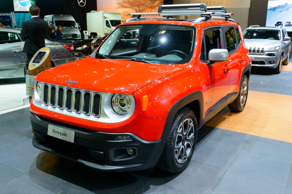A red Jeep Renegade on display