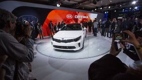 The new Kia Optima is displayed at the New York International Auto Show at the Javits Center