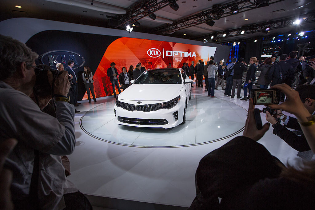 The new Kia Optima is displayed at the New York International Auto Show at the Javits Center