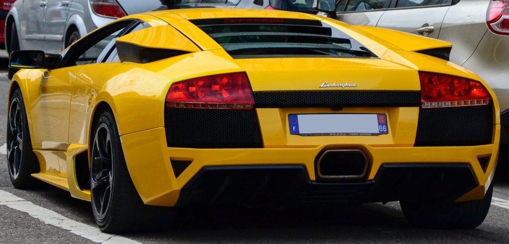 The rear of a yellow 2007 Lamborghini Murcielago LP640.