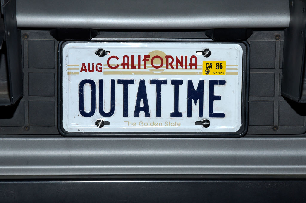 "OUTATIME" license plate from the "Back To The Future" DeLorean at the Hollywood Museum's "Back To The Future" Trilogy: The Exhibit