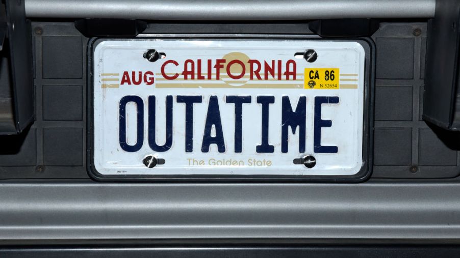 "OUTATIME" license plate from the "Back To The Future" DeLorean at the Hollywood Museum's "Back To The Future" Trilogy: The Exhibit