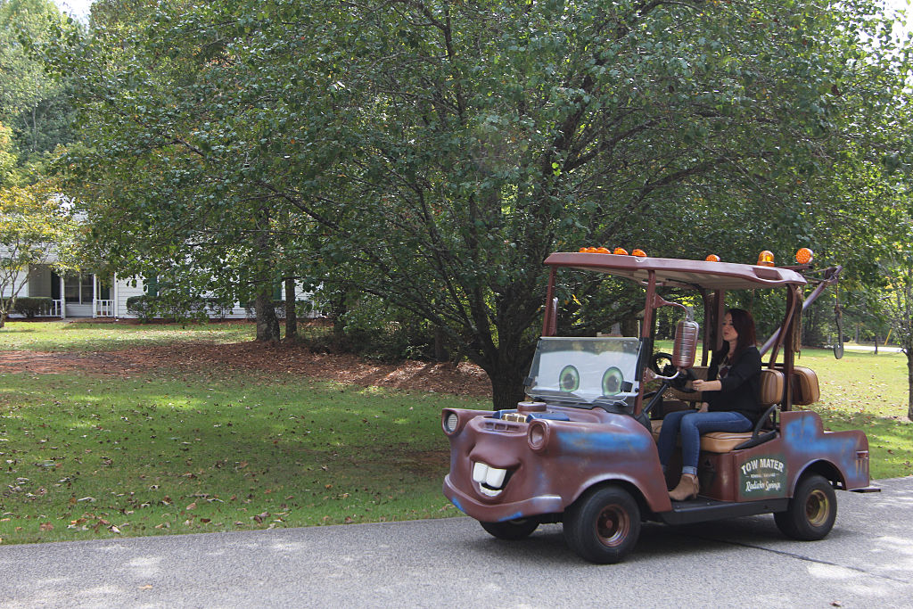 A golf cart made to look like Pixar's Mater from the Cars movie
