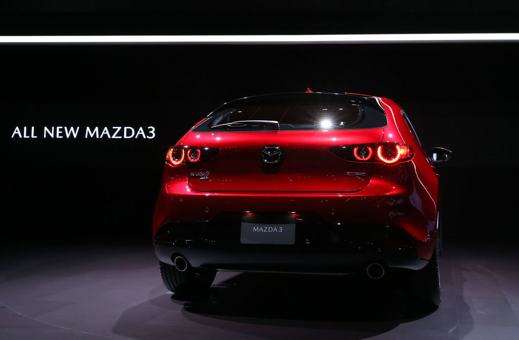 A general view of the Mazda3 is seen onstage during the L.A. Auto Show