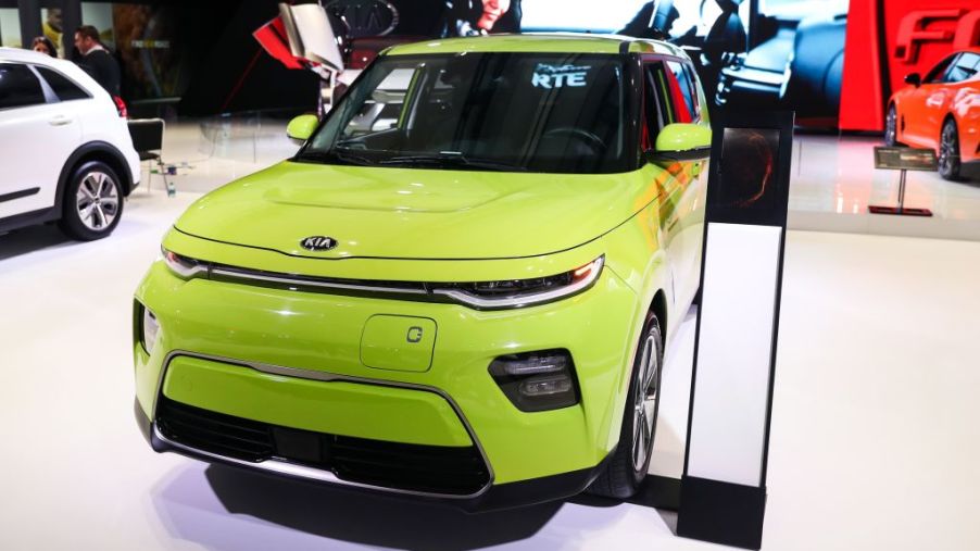 A 2020 Kia Soul EV on display at an auto show