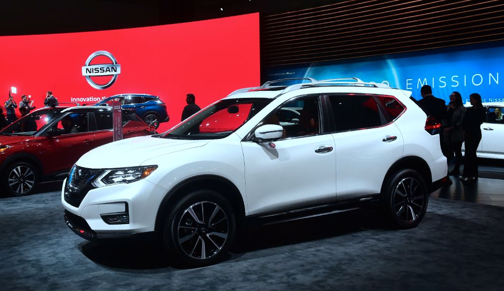 New models of the Nissan Rogue on display in Los Angeles, California