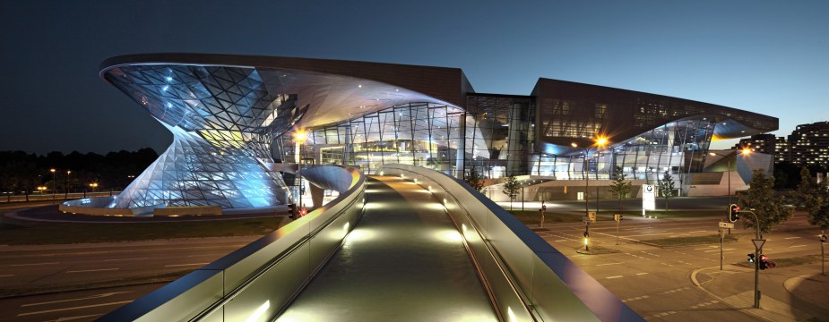 An exterior shot of the BMW Welt in Munich, Germany.
