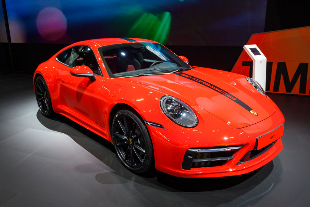 The new Porsche 911 on display at an auto show