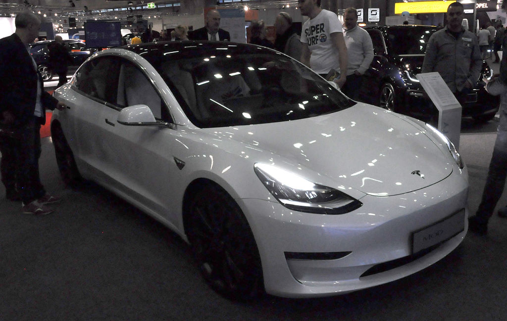 A Tesla Model 3 is seen during the Vienna Car Show press preview