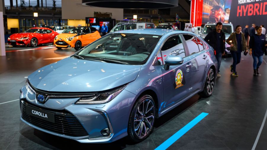 A 2020 Toyota Corolla on display at an auto show